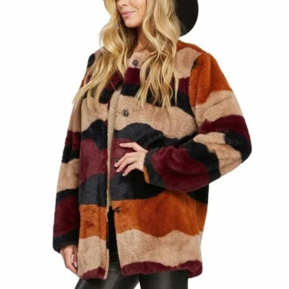 Jessica Simpson Marleigh Stripe Faux Fur Teddy Jacket Coat Small Black Neutral